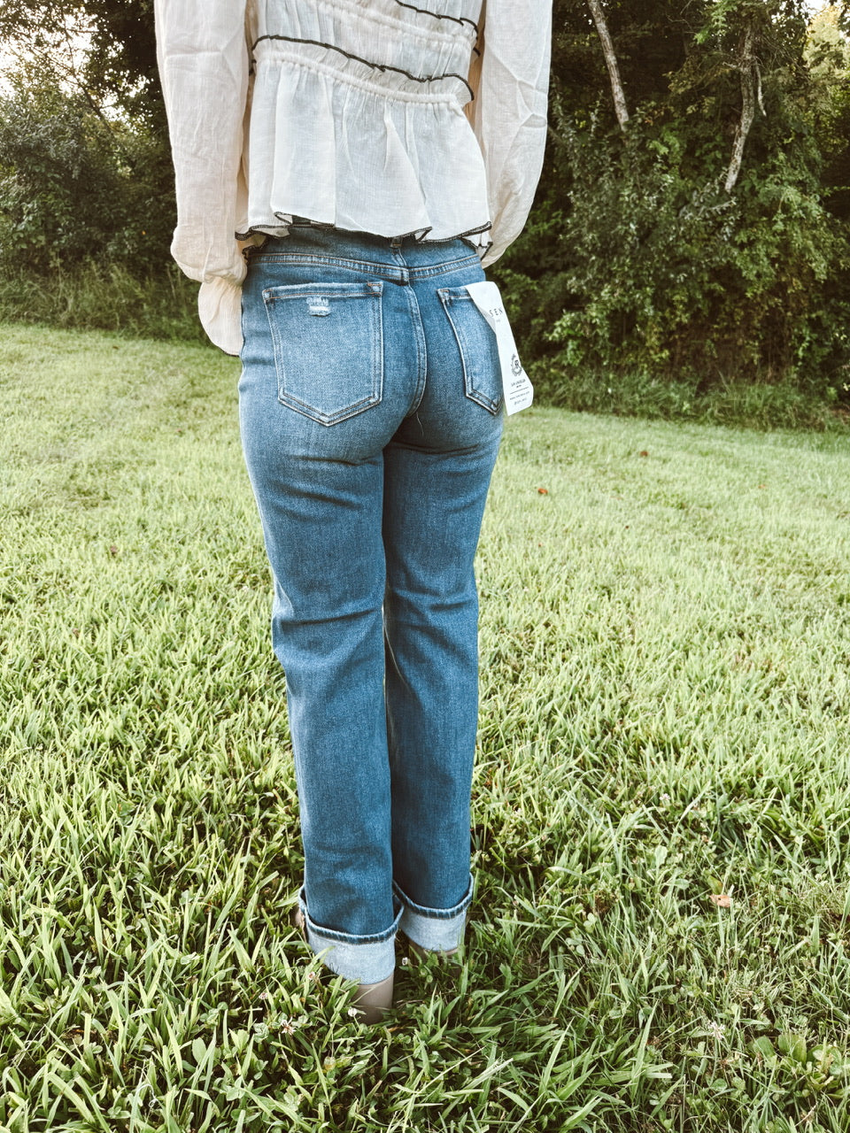 RISEN Tummy Control High Rise Straight Leg Distressed