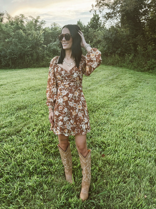 Floral Sweetheart Long Sleeve Back Tie Mini Dress