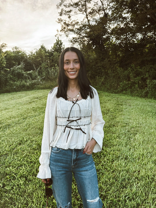 Contrast Bow Ruffled Long Sleeve Blouse