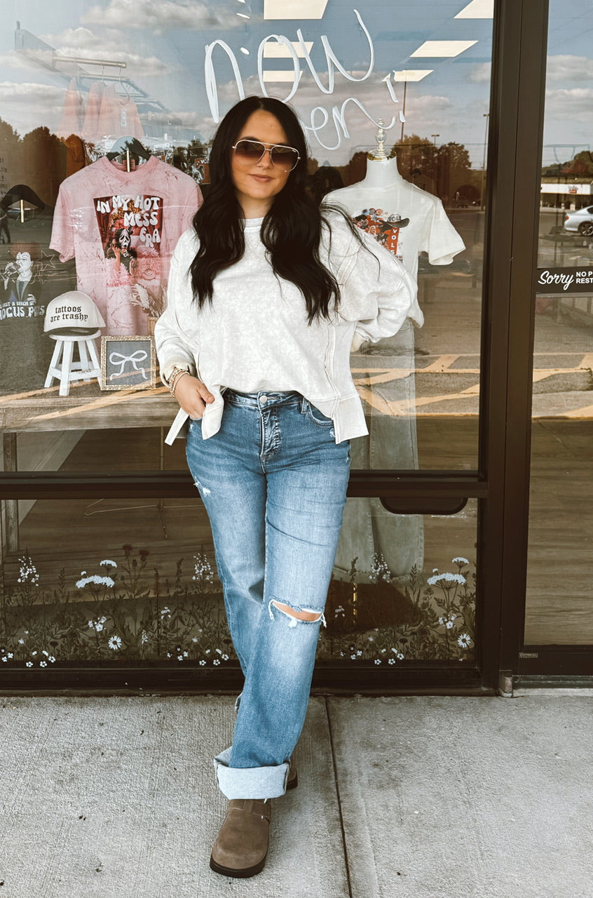 Washed Extended Shoulder Knit Top (S-3XL)