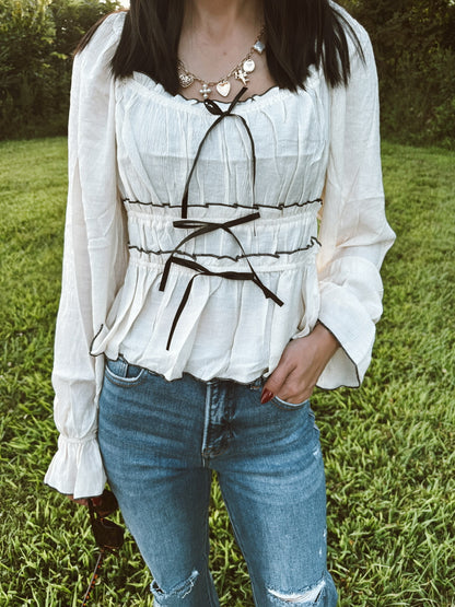 Contrast Bow Ruffled Long Sleeve Blouse