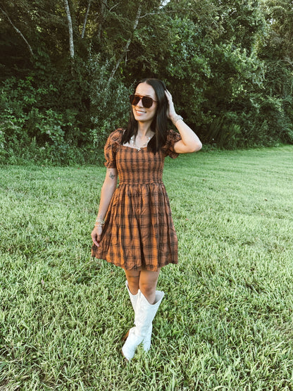 Plaid Smocked Puff Sleeve Midi Dress
