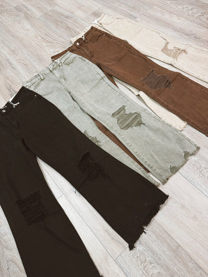 Acid Washed High Waist Distressed Straight Pants (4 colors)