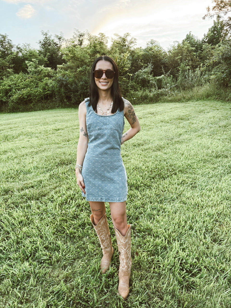 Bow Pattern Sleeveless Denim Mini Dress