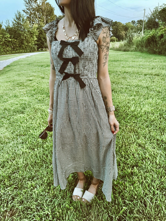 Plaid Smocked Front Bow Detail Midi Dress