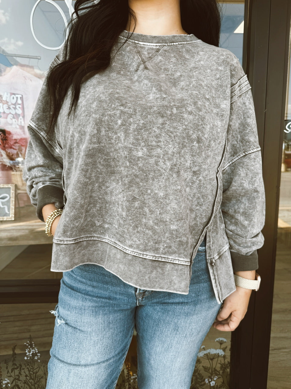 Washed Extended Shoulder Knit Top (S-3XL)
