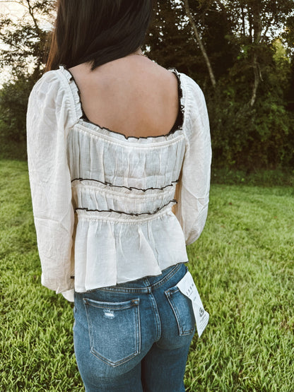 Contrast Bow Ruffled Long Sleeve Blouse