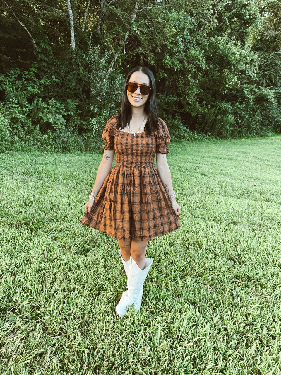Plaid Smocked Puff Sleeve Midi Dress