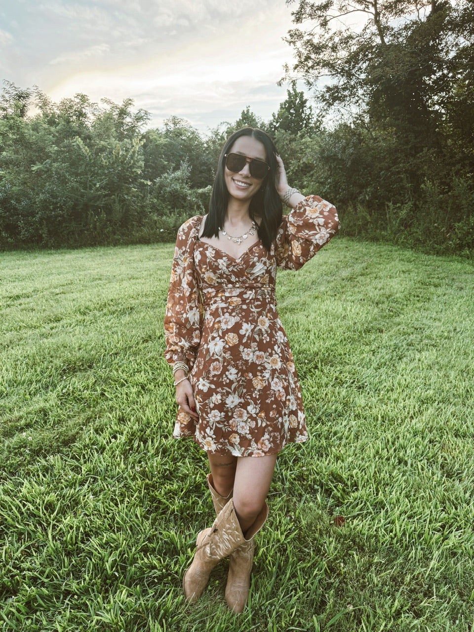 Floral Sweetheart Long Sleeve Back Tie Mini Dress
