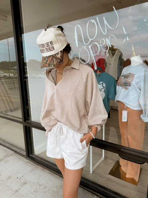 Acid Wash Fleece Button Up Collared Pullover