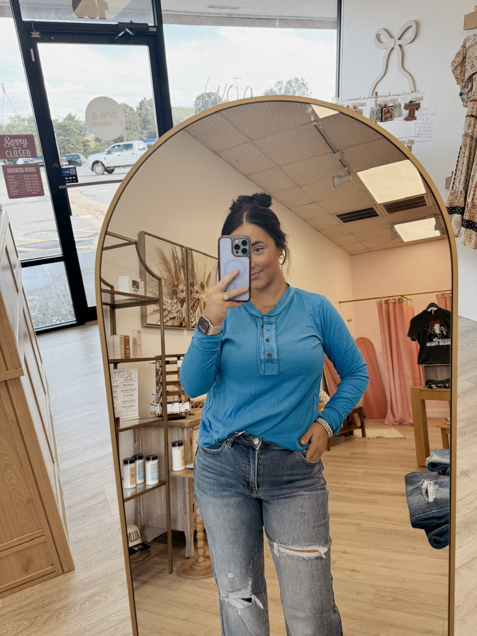 Thumb Hole Cuffs Button Closure Long Sleeve Top