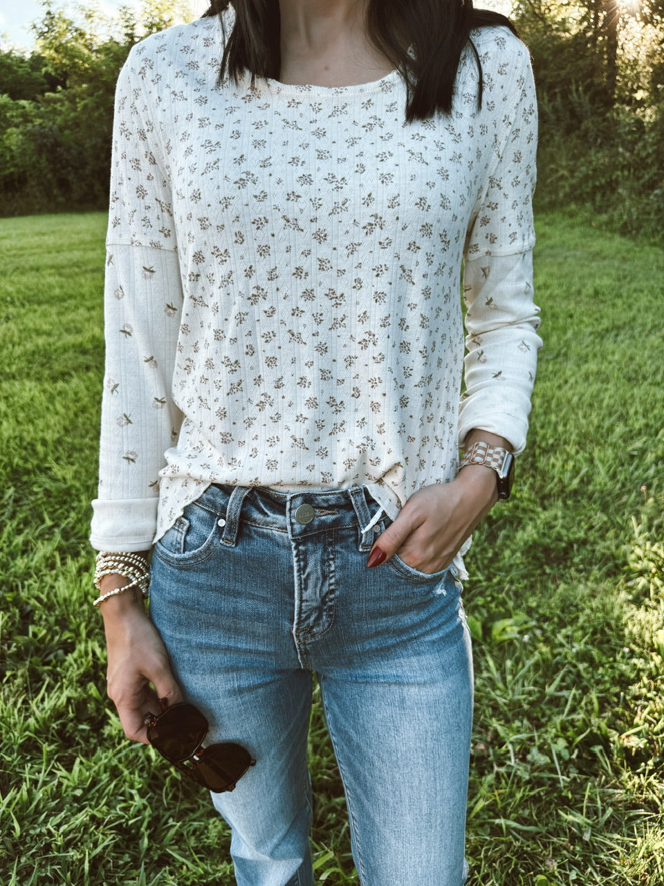 Floral Printed Lettuce Hem Fitted Knit Top