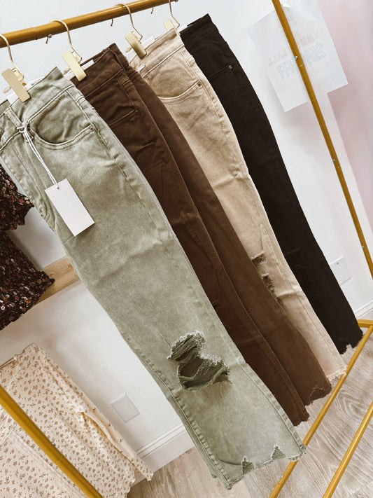 Acid Washed High Waist Distressed Straight Pants (4 colors)