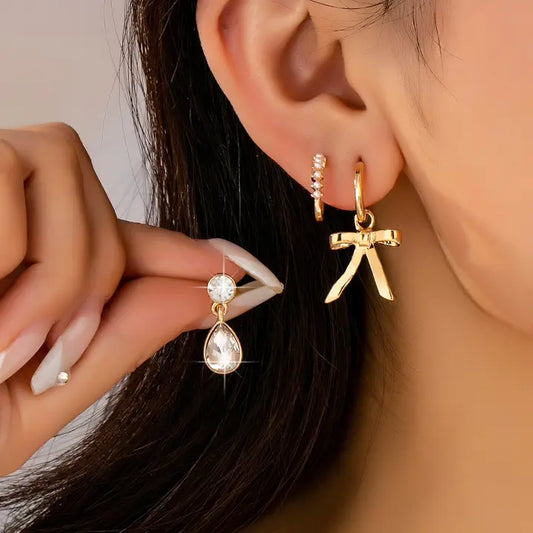 Pearl Crystal Teardrop Bow Trio Earring Set