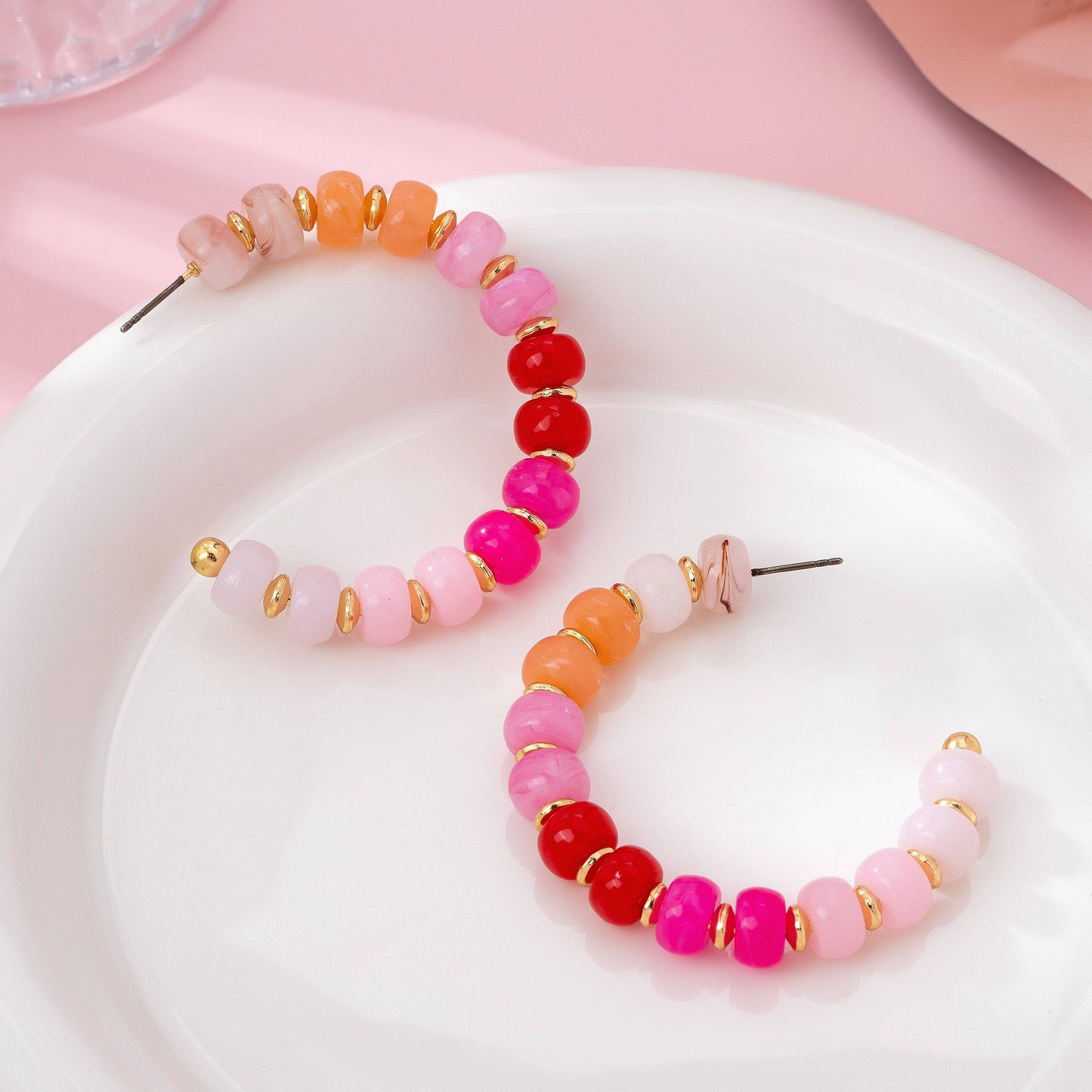 Pink Beaded Hoop Earrings