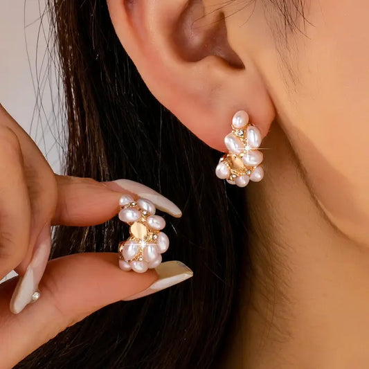 Pearl Cluster Half-Hoop Stud Earrings