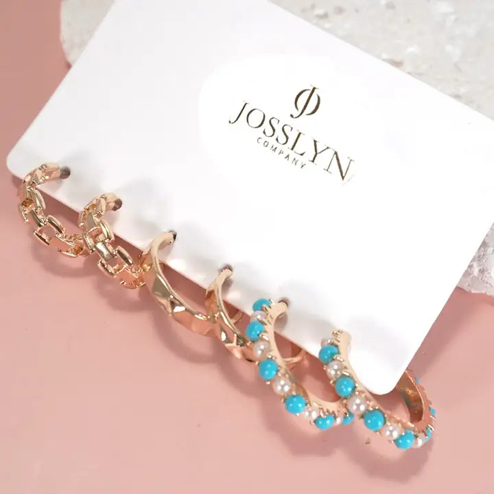 Link Diamond Cut Turq Pearl Trio Hoop Earring Sets