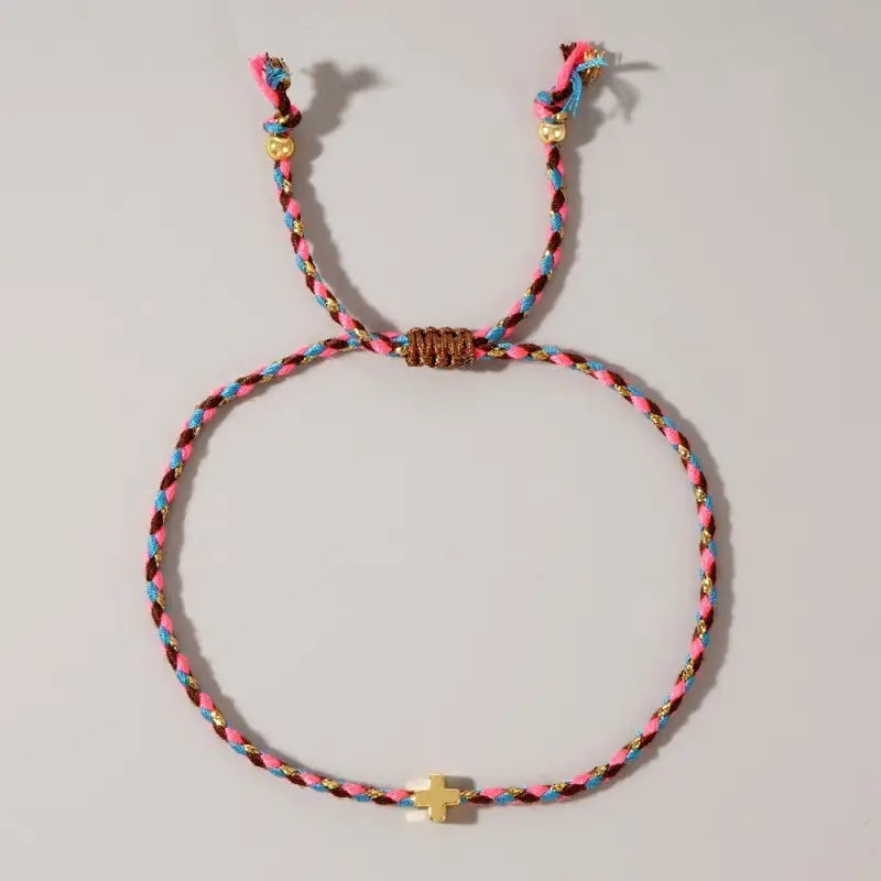 18K Stainless Steel Corded Cross Charm Bracelet