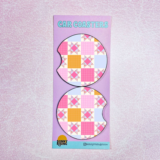 2 Car Coasters, Bright Pink Quilt Pattern