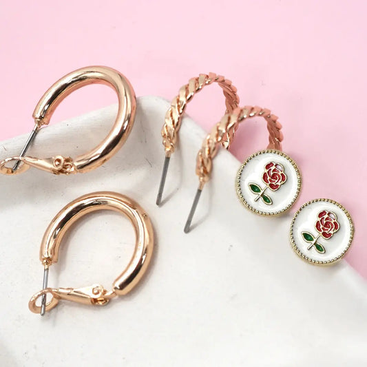 Flower Enamel Stud Huggie Hoop Set Earrings