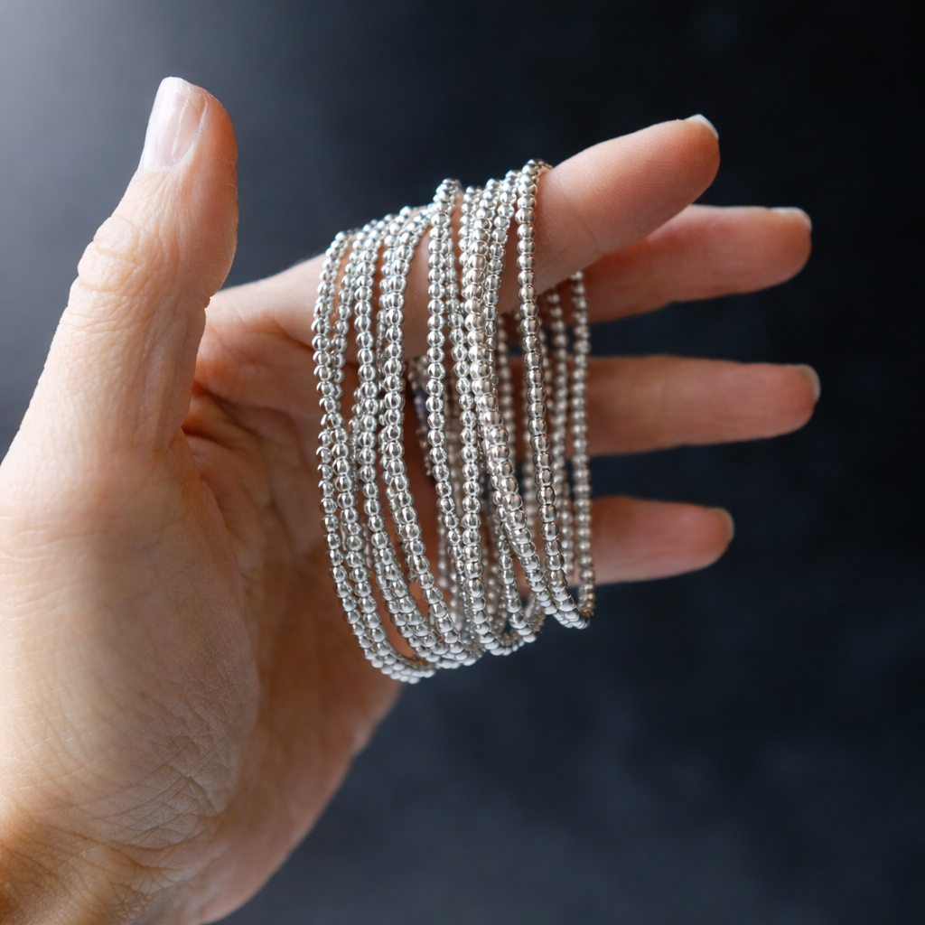 Silver Plated 3mm Smooth Beaded Stretch Bracelet