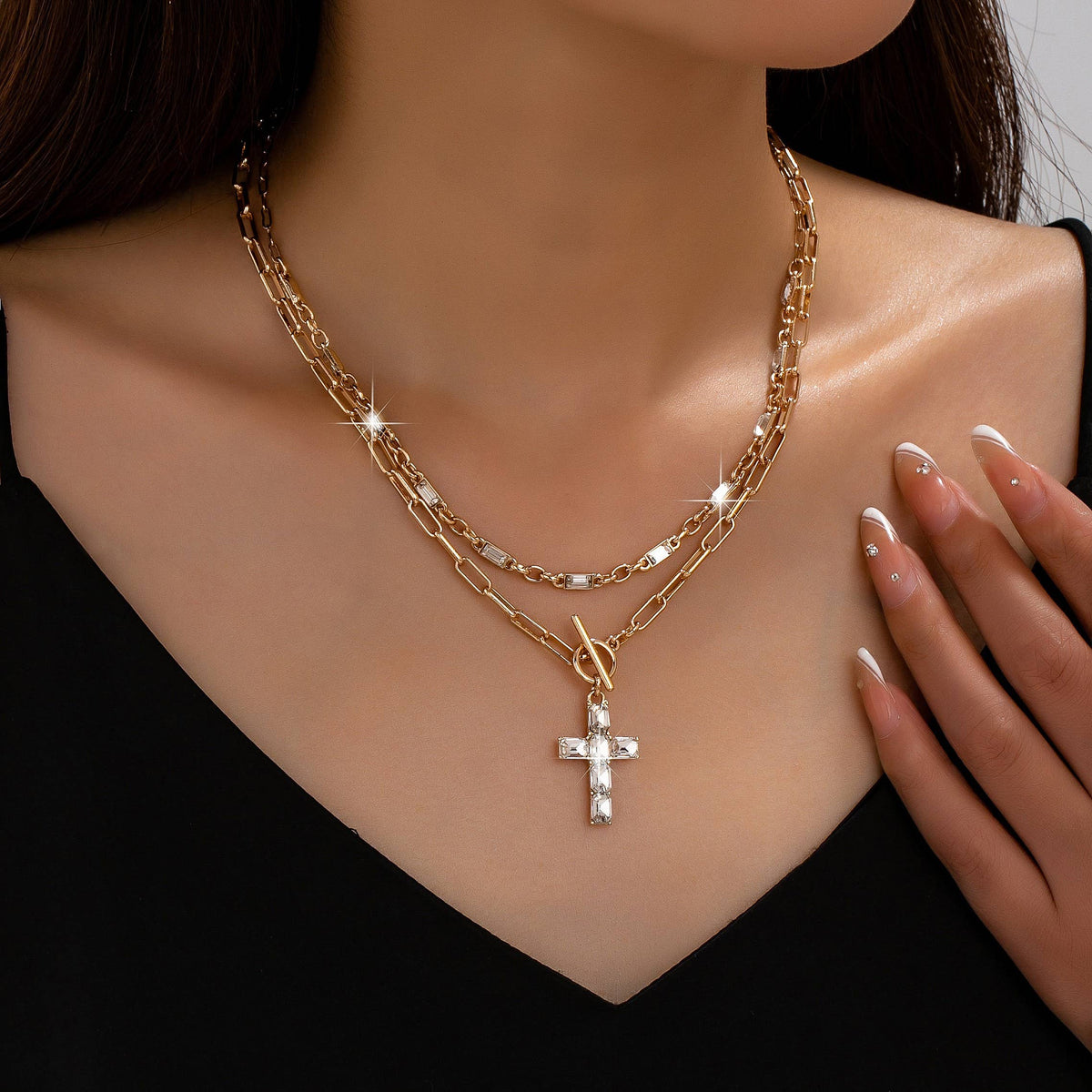 Layered Paperclip Cross Necklace