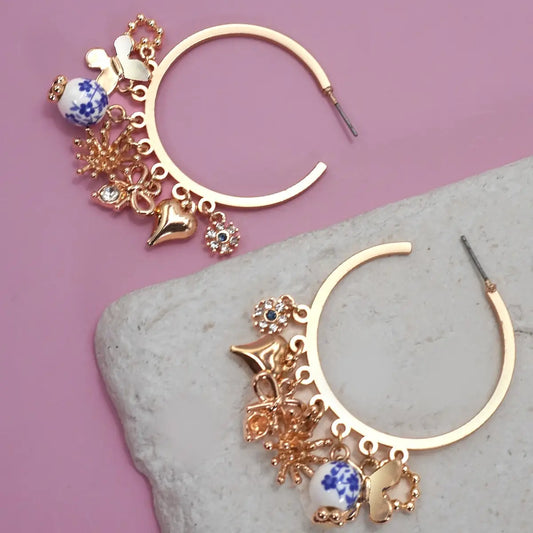 Blue Ceramic Porcelain Multi Charm Hoop Earrings