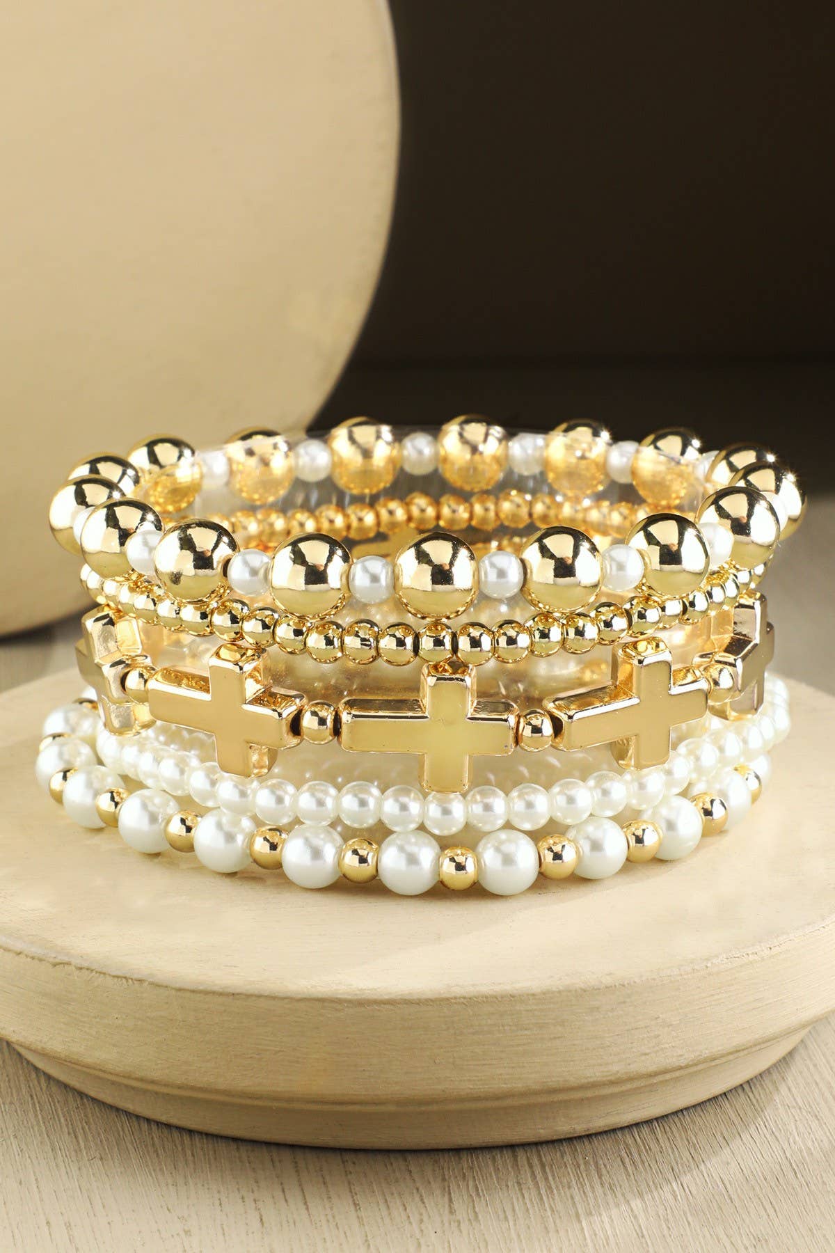 Gold Pearl & Cross Bracelet Stack