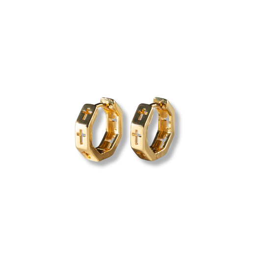 Tarnish Resistant Octagon Hoop Earrings w/ Cross Cutouts