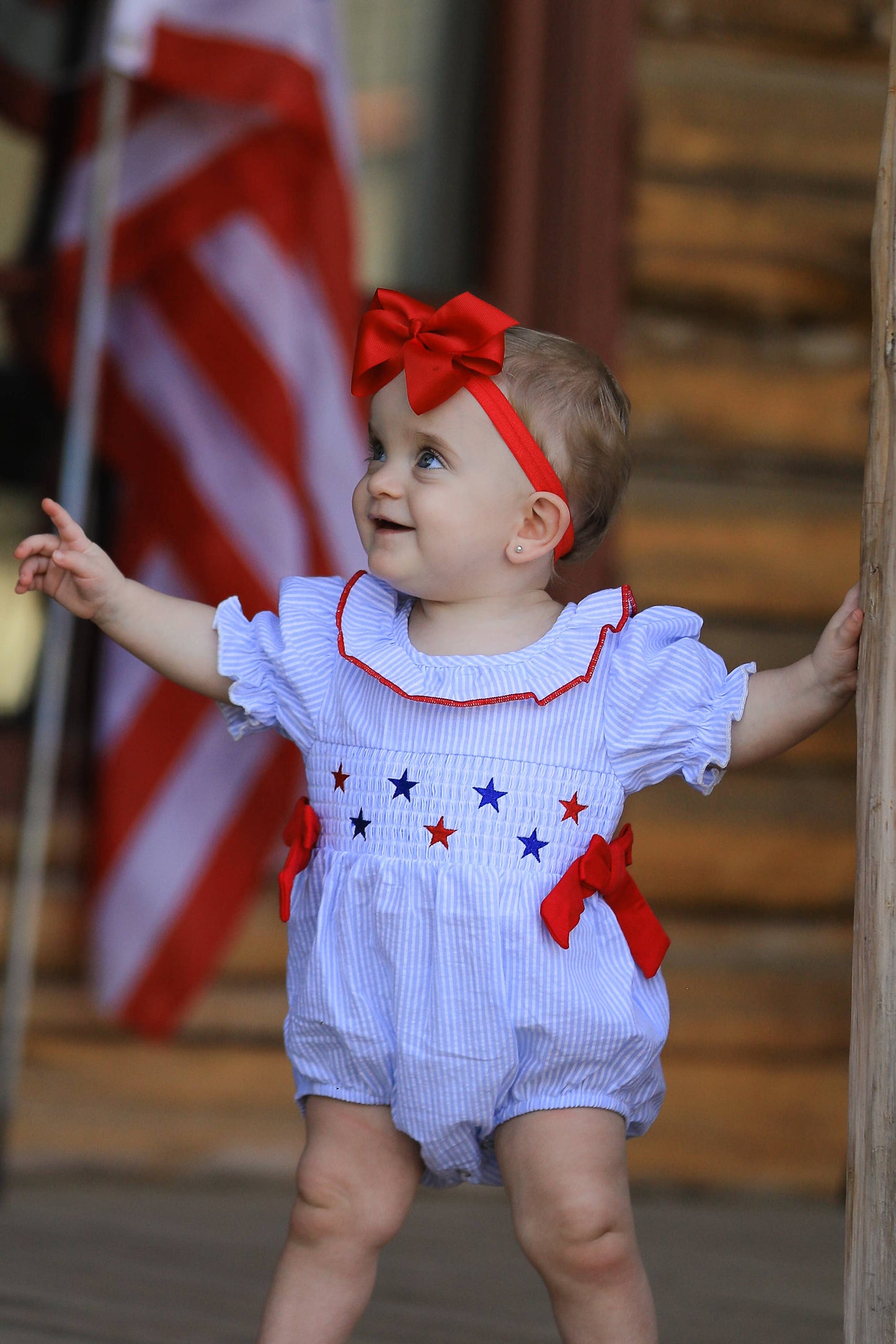 4th of july Girls' Smocking Star Embroidered Romper