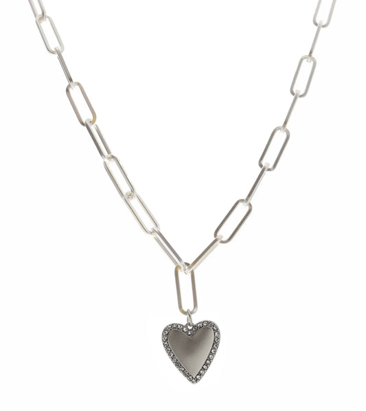16" Silver Heart with Crystal Outline Necklace