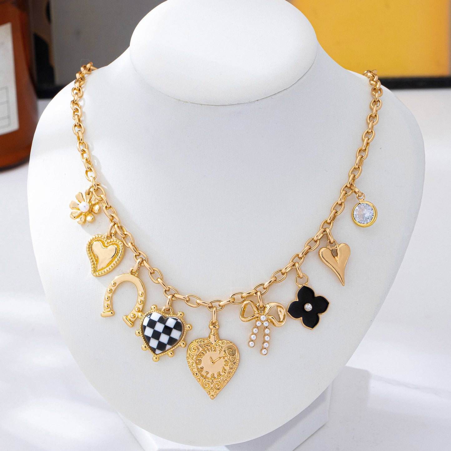 Checkered Heart Bow Multi-Charm Link Necklace