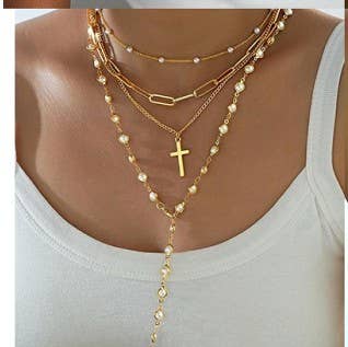 Pearl Cross Statement Necklace Set