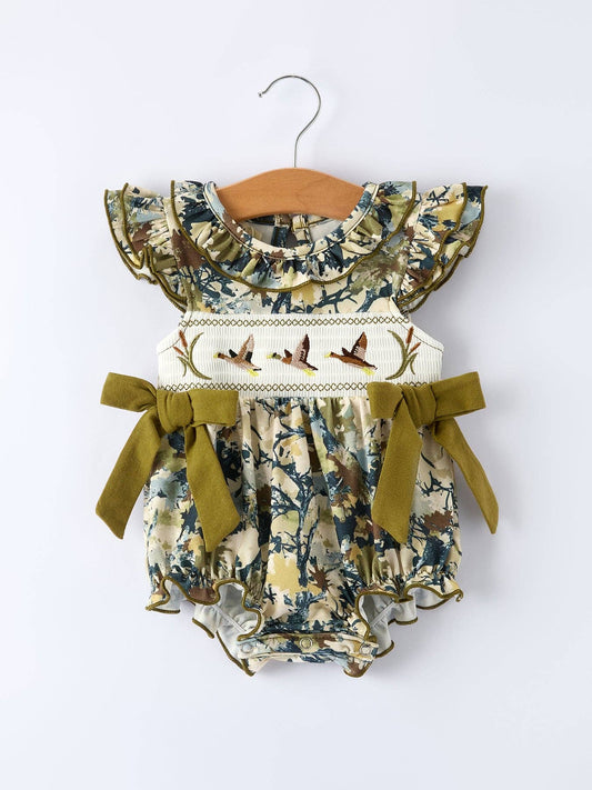 Duck Smocking Embroidery Baby Girls Camouflage Romper