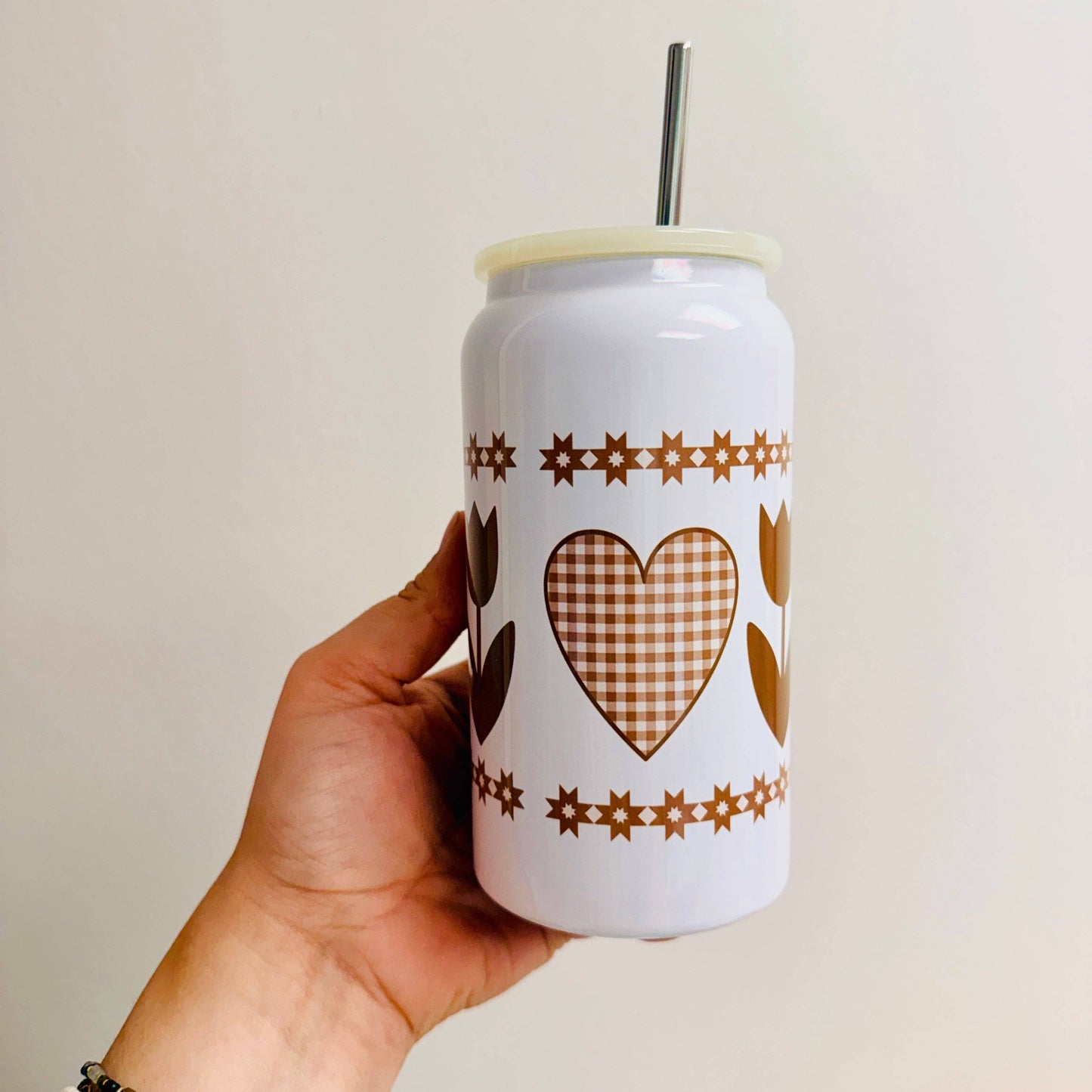 16 oz Stainless Steel Cup, 90's Country Hearts and Tulips Pattern