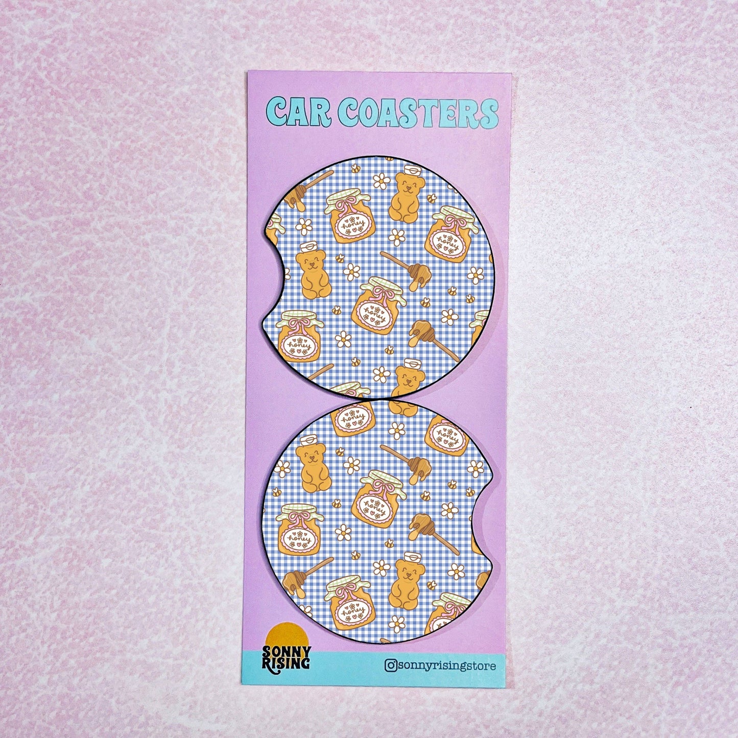 2 Car Coasters, Honey Bear on Gingham Pattern