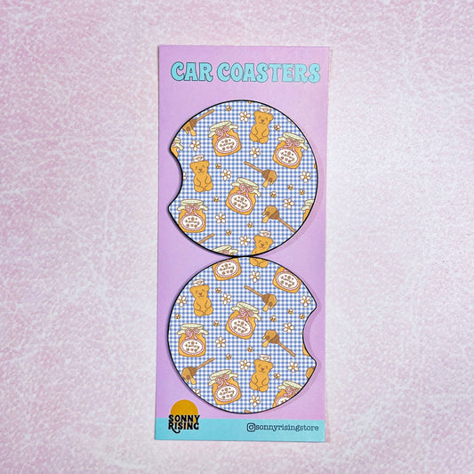 2 Car Coasters, Honey Bear on Gingham Pattern