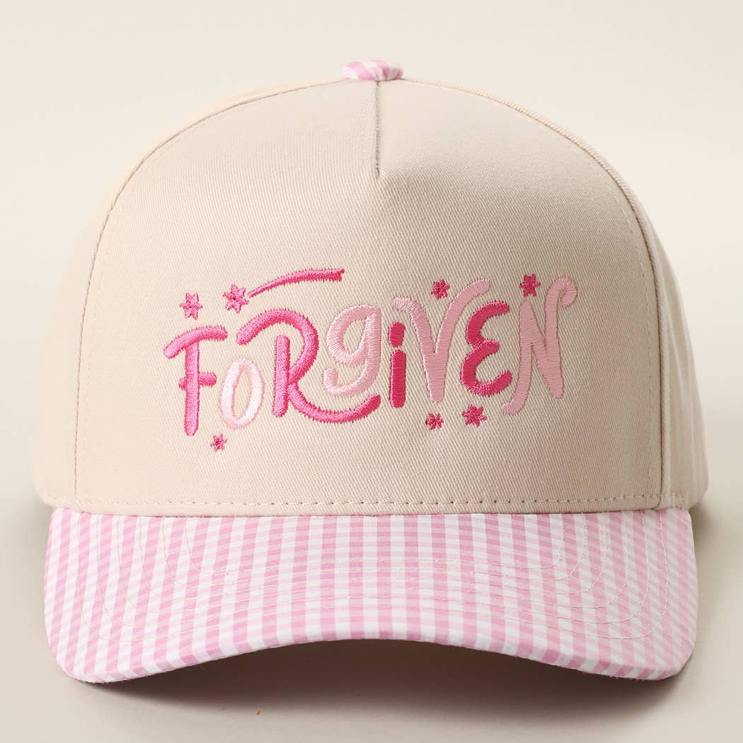 Pink Forgiven Embroidered Gingham Brim Trucker Hat