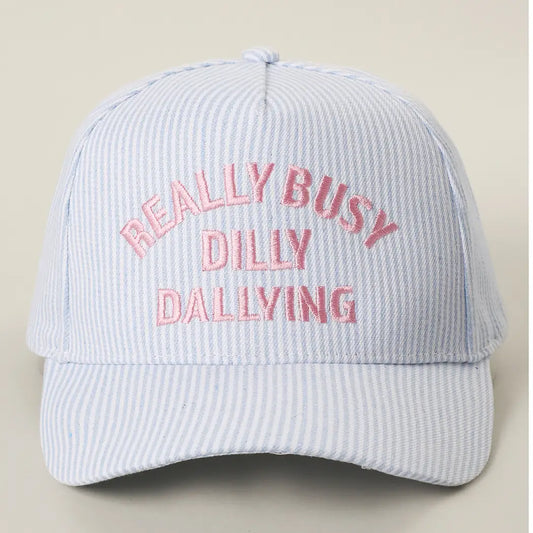 REALLY BUSY DILLY DALLYING Embroidered Seersucker Stripe Hat Blue