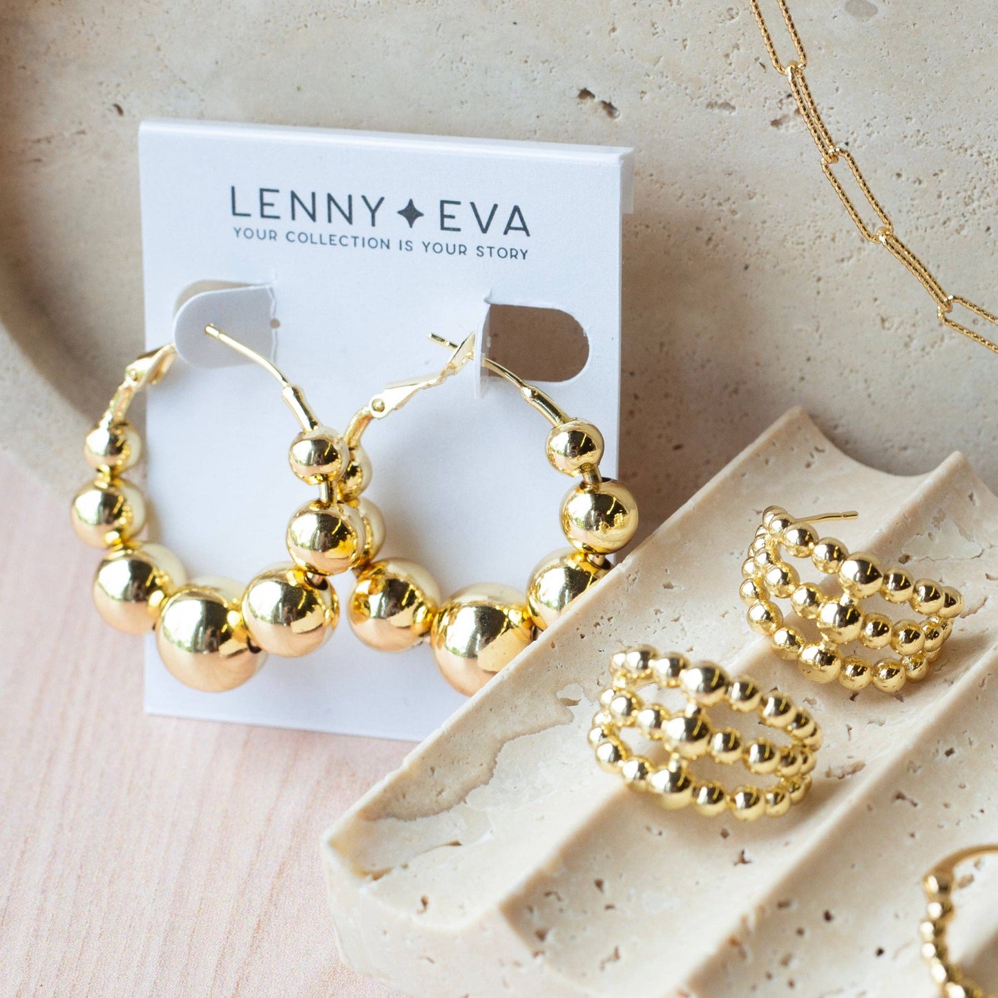 Tarnish Resistant Gold Plated Trio Beaded Hoop Earrings