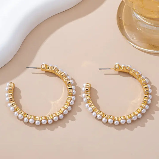 Pearl-Embellished Gold Hoop Earrings