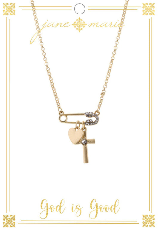16" Gold Pin with Cross and Heart Charms Chain Necklace