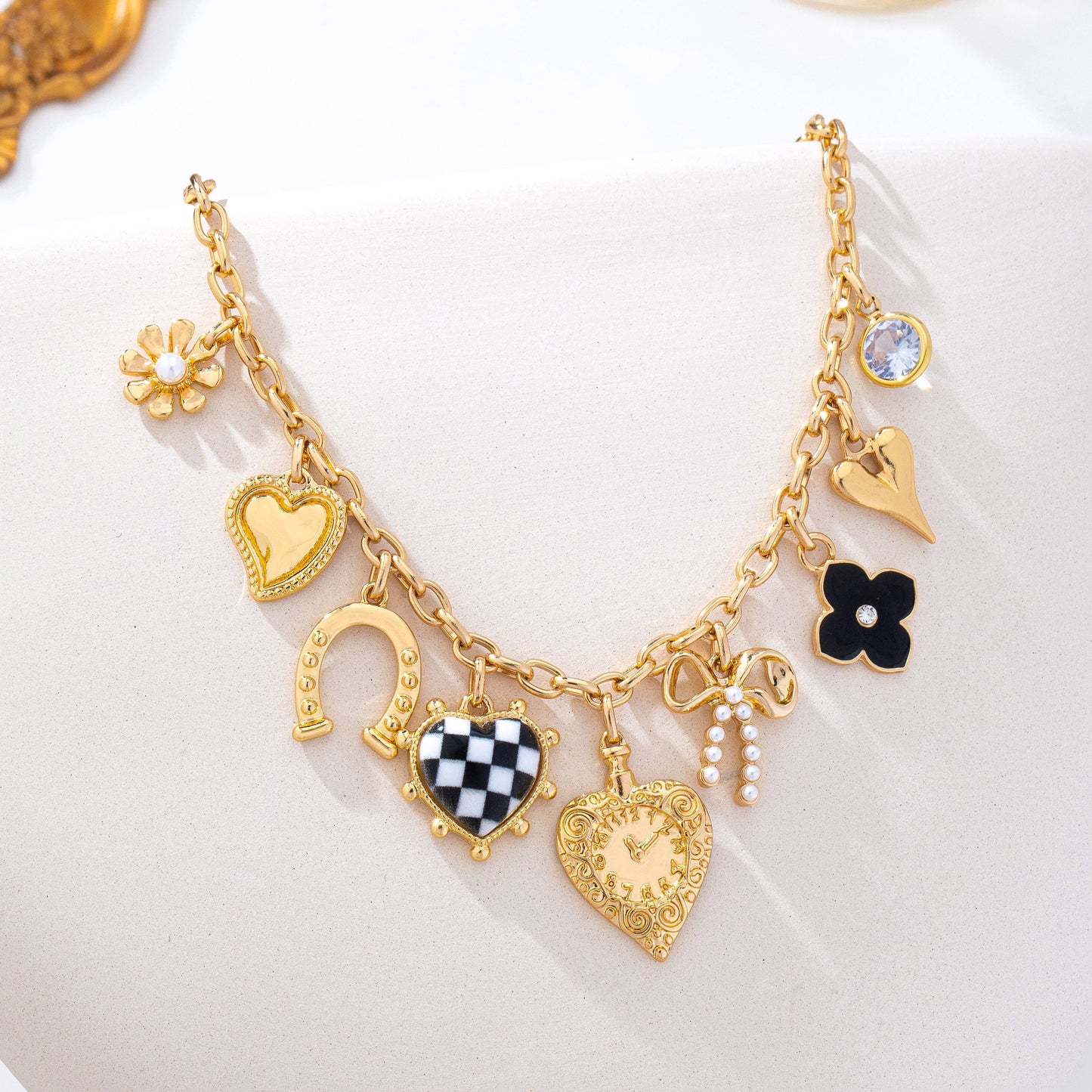 Checkered Heart Bow Multi-Charm Link Necklace