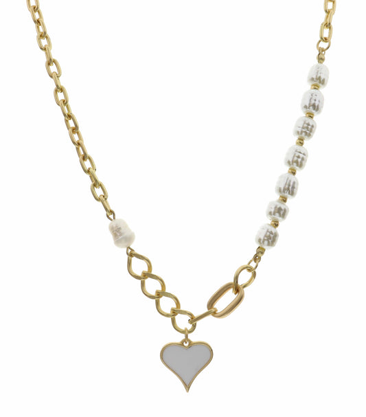 16" Chain & Pearl with White Heart Necklace