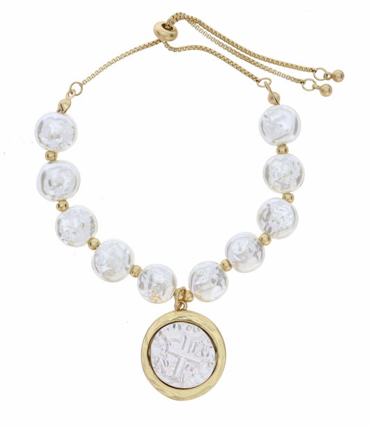 Salt Water Pearl with Two Tone Circle Cross Bracelet