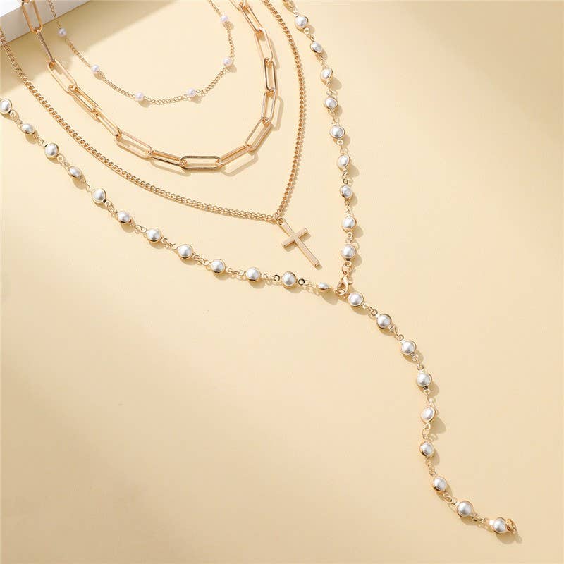 Pearl Cross Statement Necklace Set