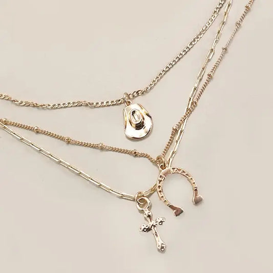 Trio Layer Horseshoe Hat Cross Cahrm Necklace