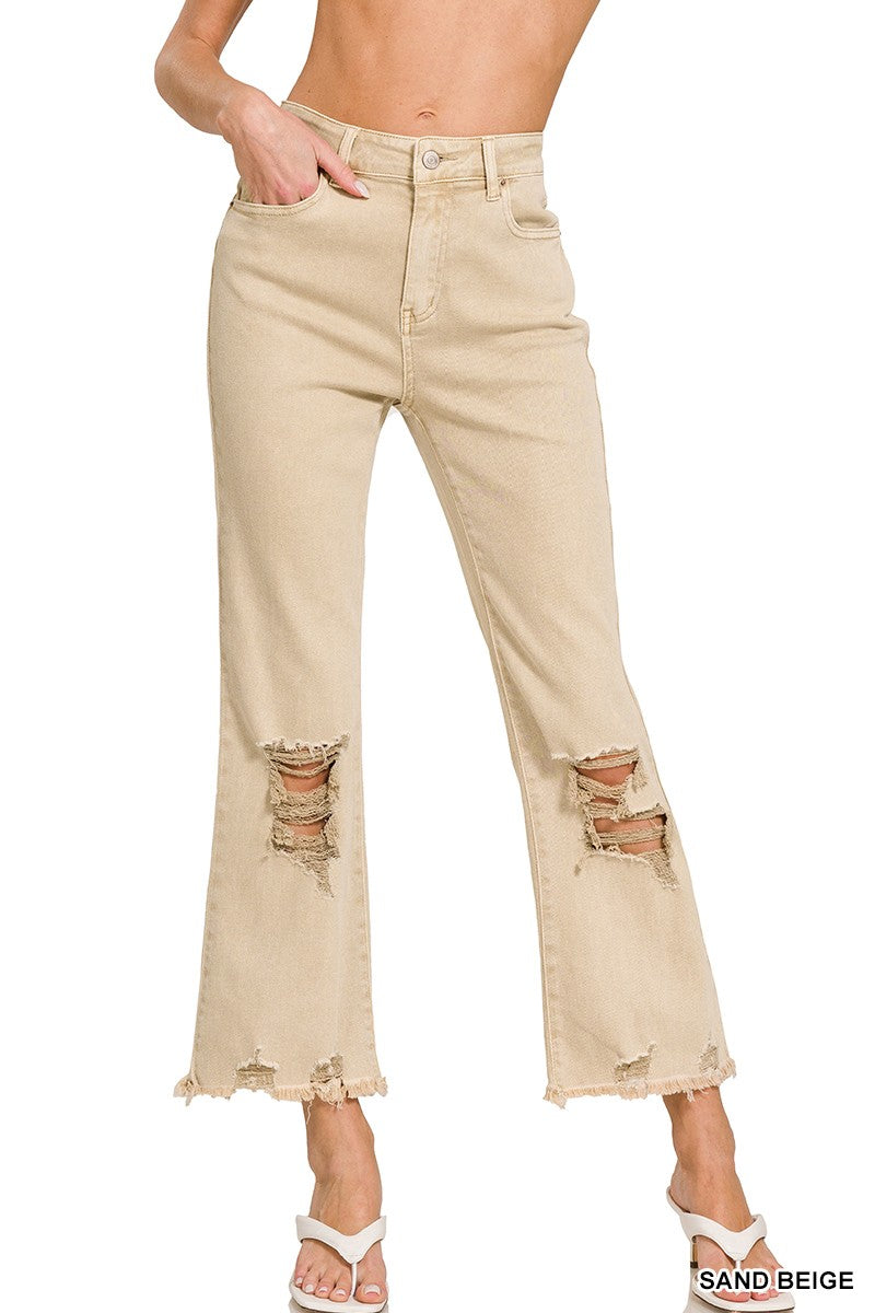 Acid Washed High Waist Distressed Straight Pants (4 colors)